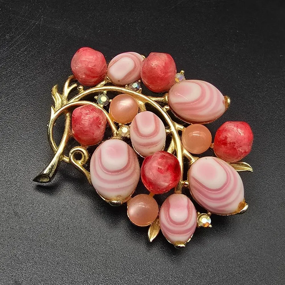Pink Molded Glass Faux Pearl Brooch Flowers Bouquet Vintage Jewelry